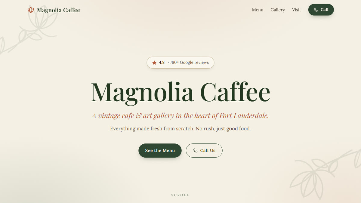 A modern restaurant website: clear name, rating, menu button and call button