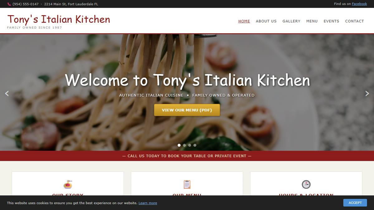 A dated restaurant website: template look, menu locked in a PDF, call us for hours